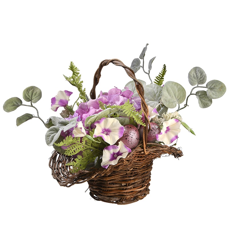 16 in. Easter  Wicker Basket Filled with Eggs and Flower Blooms