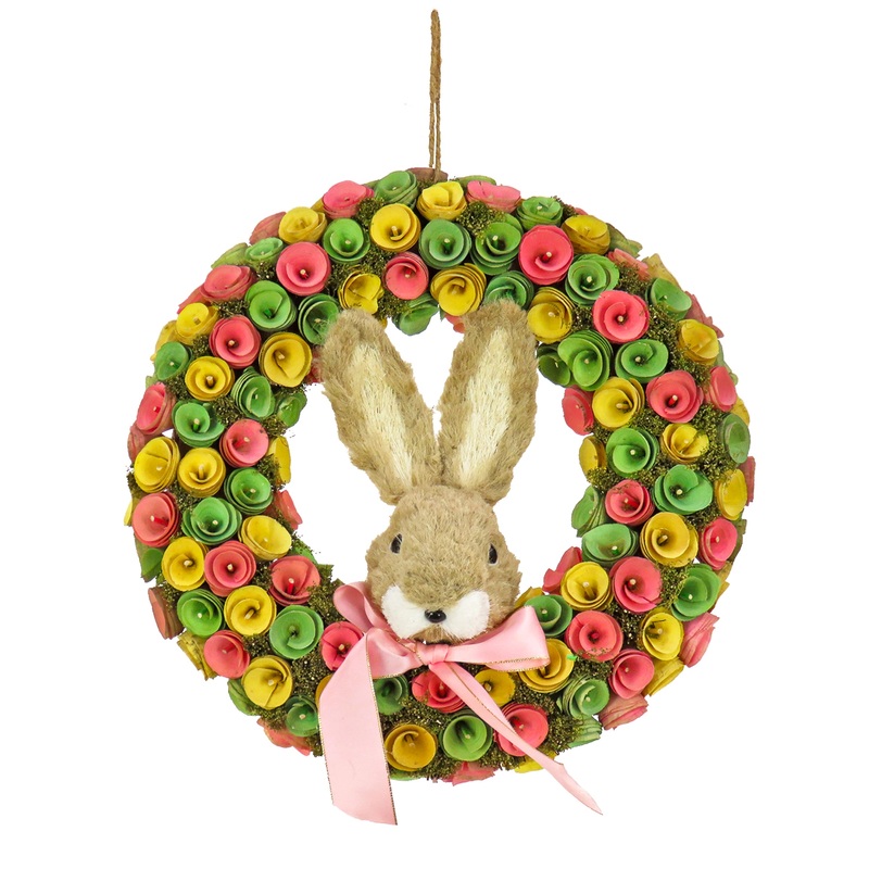16 in. Easter Wreath Decorated with Colorful Flower Blooms, Bunny Head