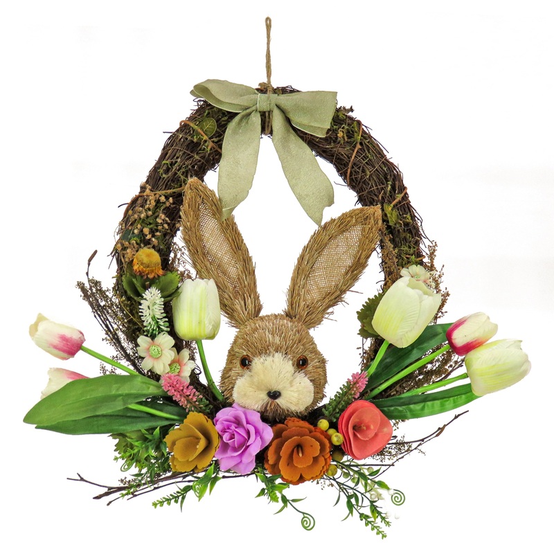 16 in. Easter Wreath Decorated with Multicolor Flower Blooms, Tulips, Leafy Greens, Bunny Head