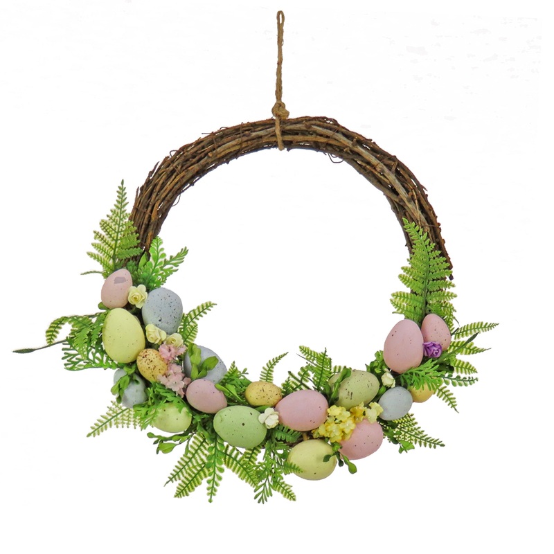 16 in. Easter Wreath Decorated with Pastel Eggs, Fern Fronds, Flower Blooms