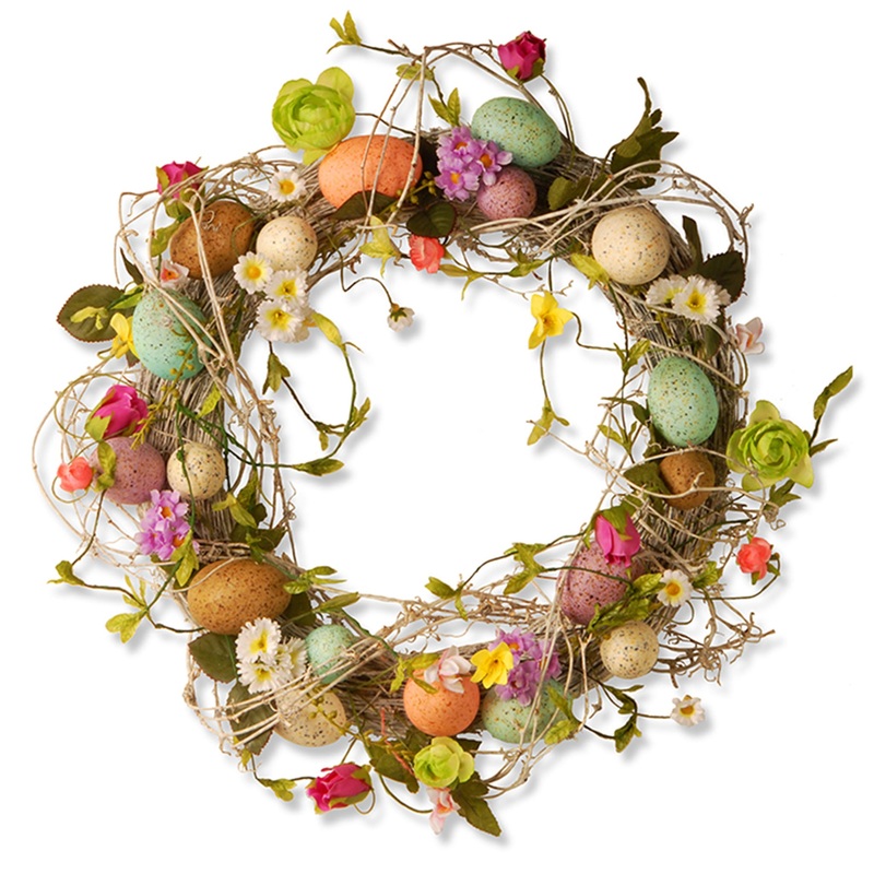 18 in. Easter Wreath Decorated With Eggs, Flower Blooms