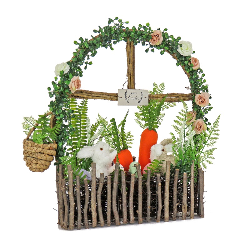 19 in. Easter Window Garden Pane Decoration Decorated with Bunnies, Carrots, Flower Blooms