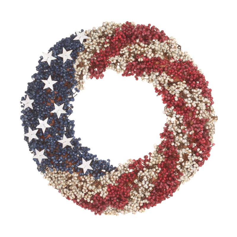 19 in. Patriotic Wreath with Red White and Blue Berry Clusters White Stars