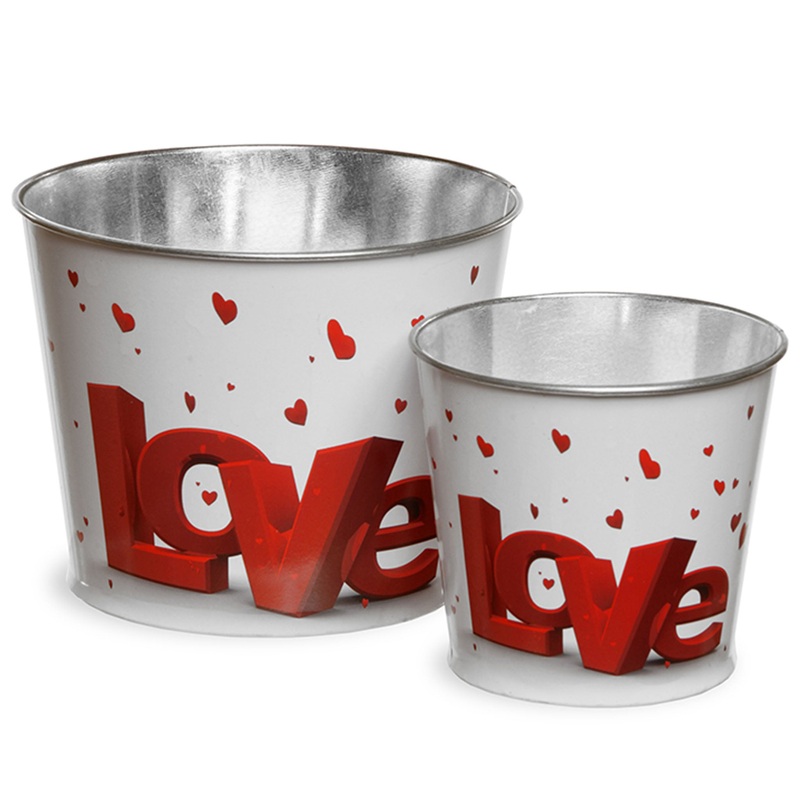 2 Piece Valentine's 'LOVE' Tin Pots Decorated with Red Hearts