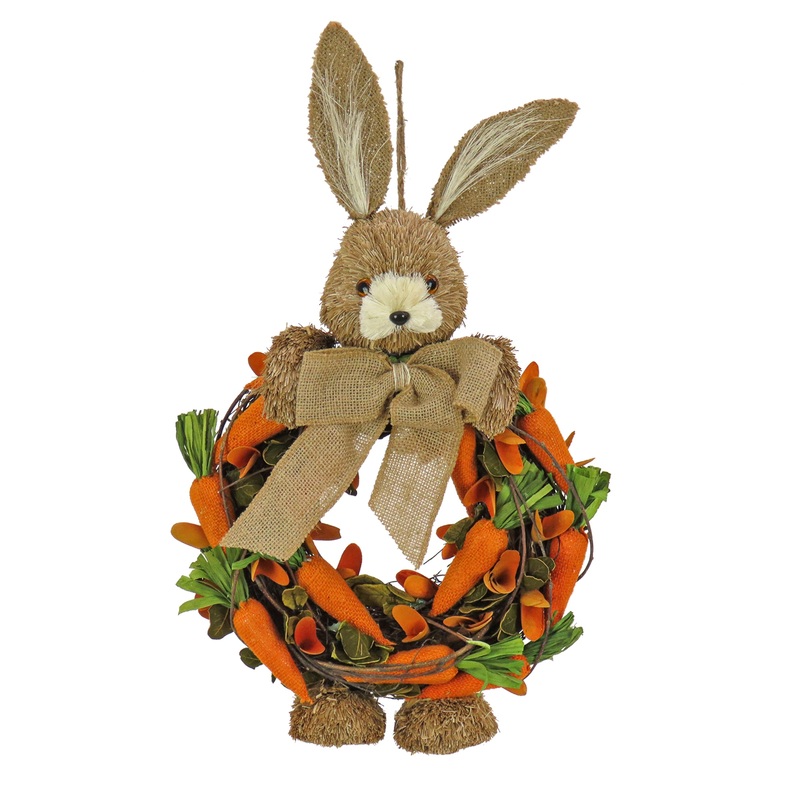 20 in. Easter Wreath Decorated with Bunny, Carrots, Vines, Leafy Greens