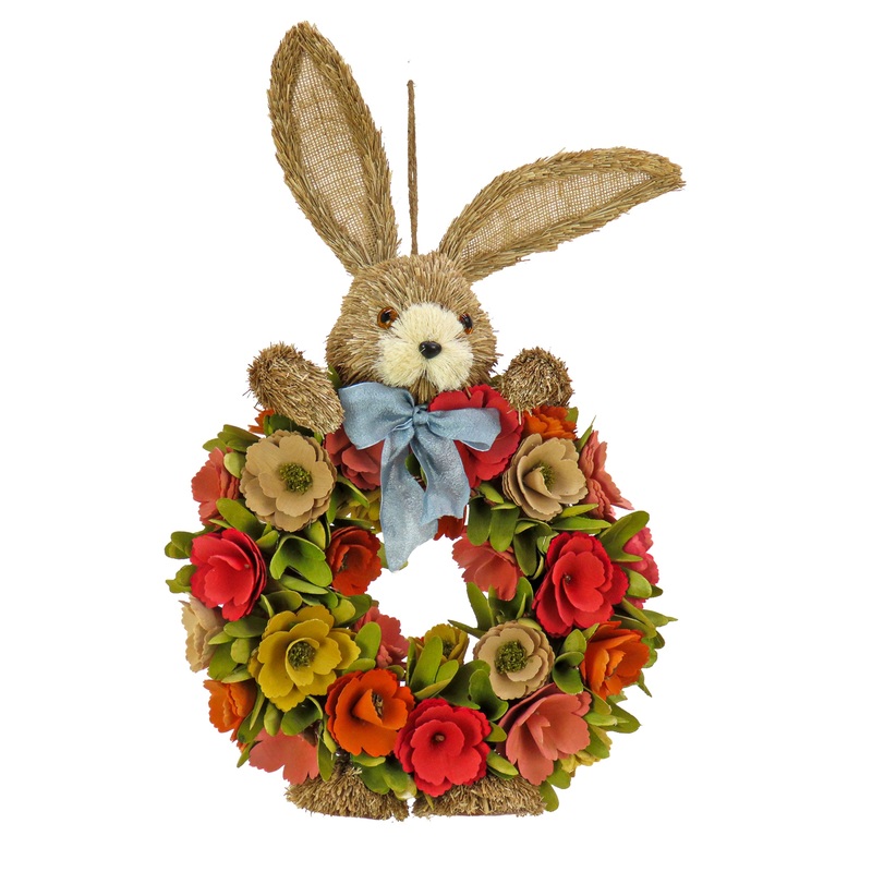 20 in. Easter  Wreath Decorated with Red, Orange and Green Flower Blooms, Bunny Head and Feet
