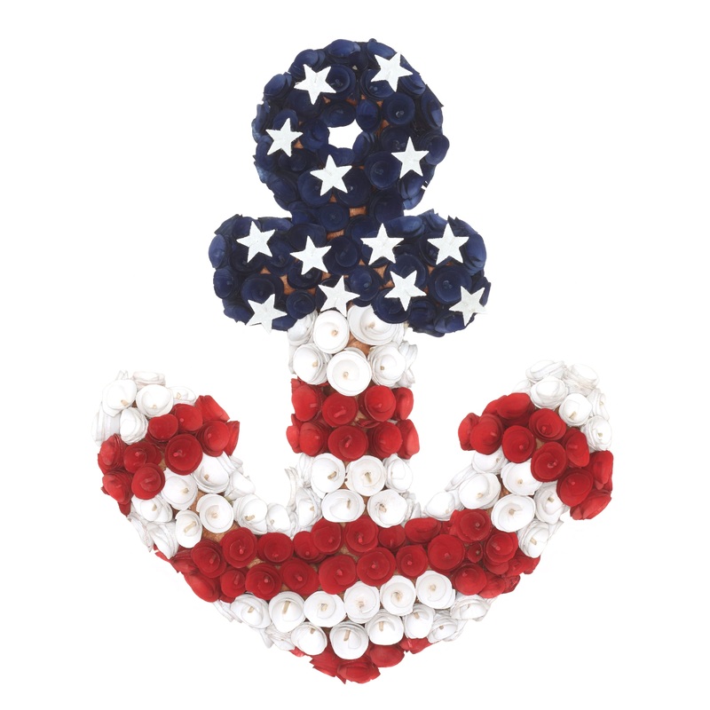 20 in. Patriotic Wreath, Blue Cross Shape with Red White and Blue Flower Blooms White Stars