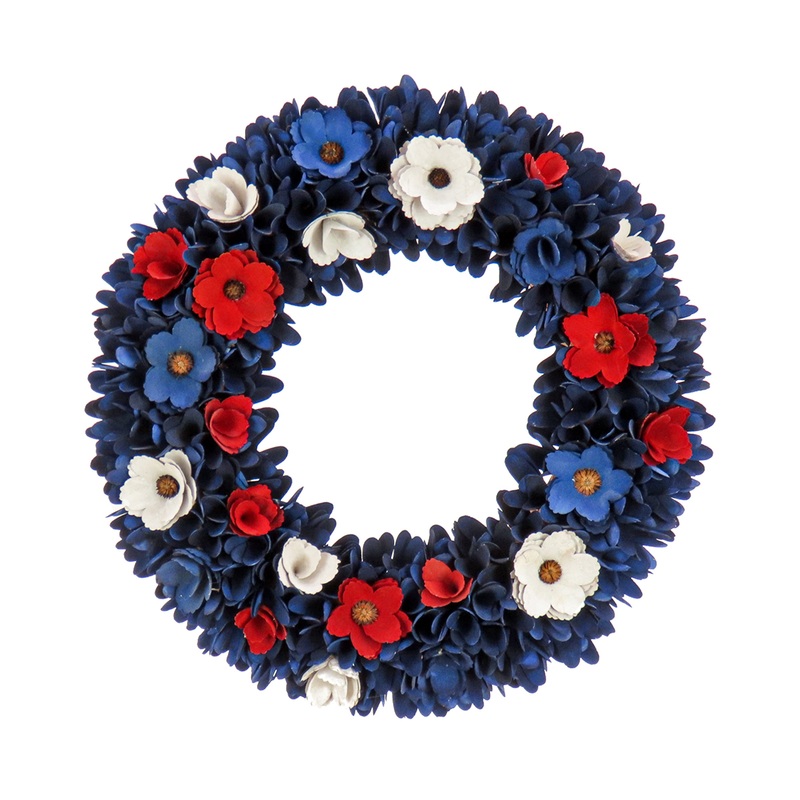 20 in. Patriotic Wreath Decoration with Red, White and Blue Flower Blooms, Blue Petals