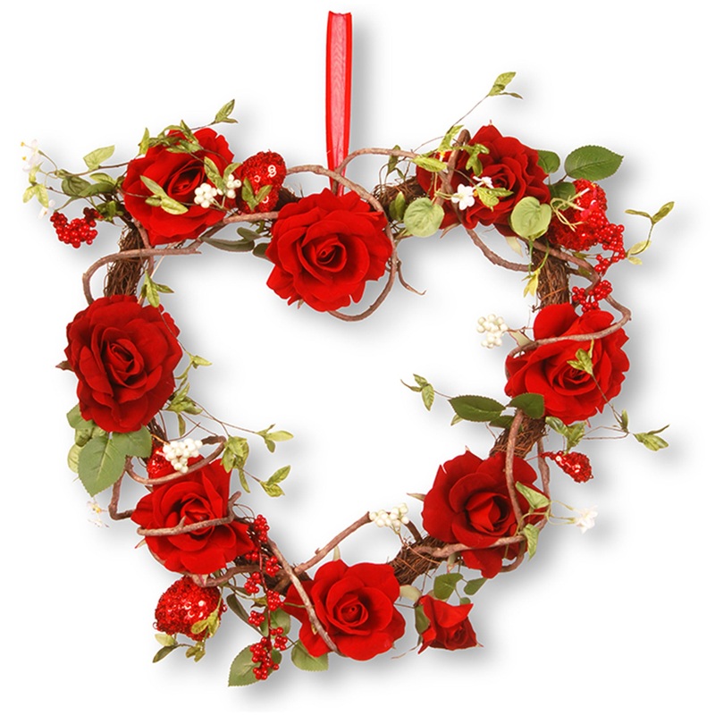 20 in. Valentine's Floral Heart Red Roses Wreath