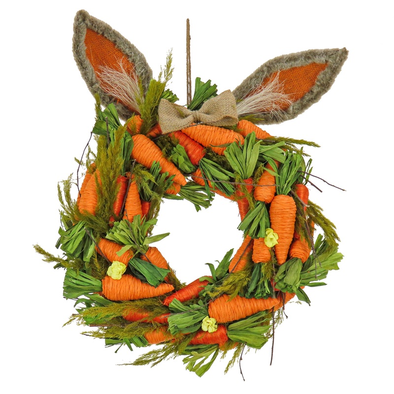 21 in. Easter Wreath Decorated with Bunny Ears, Carrots, Leafy Greens