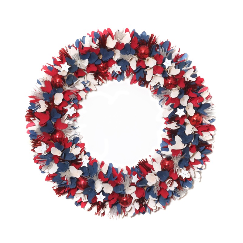21 in. Patriotic Wreath with Red White and Blue Flowers Petals Tinsel