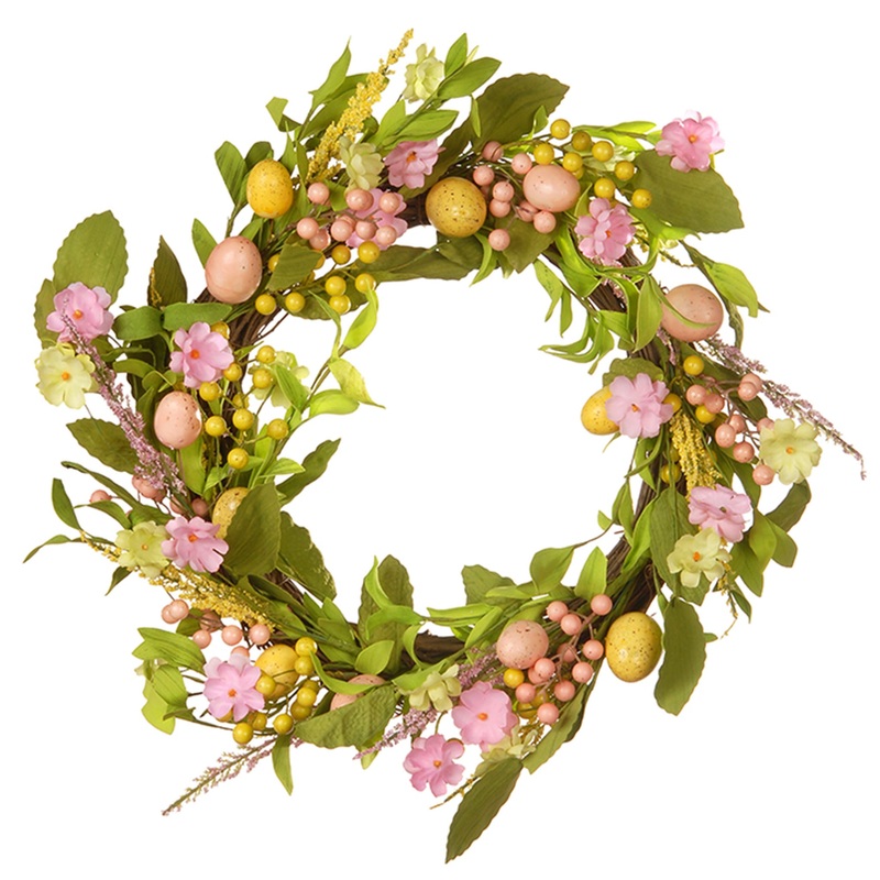 22 in. Easter Wreath Decorated with Pastel Eggs, Flower Blooms, Berry Clusters