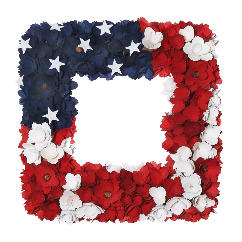 22 in. Patriotic Hanging Square Wreath with Red White and Blue Flowers Stars