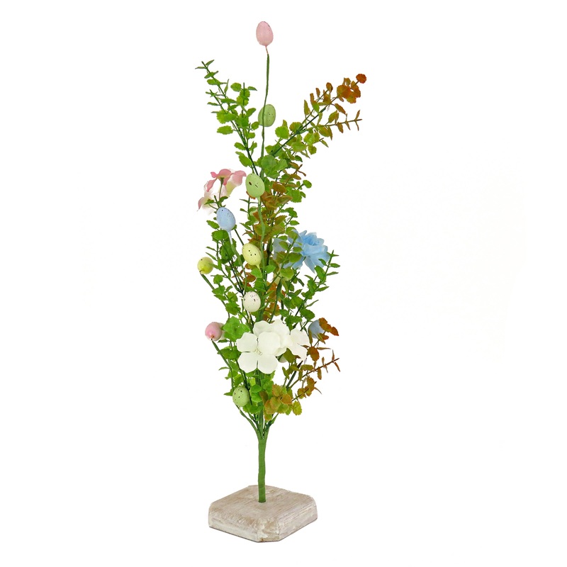 24 in. Easter Decorative Tree Decorated with Pastel Eggs and Flower Blooms, and Wooden Block Base