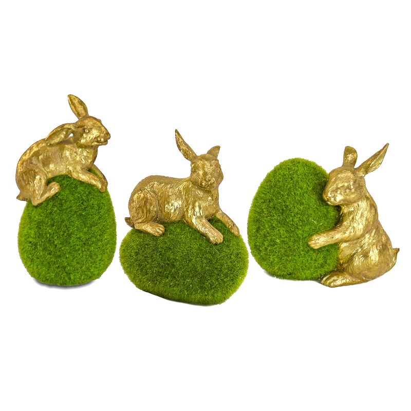 Artificial Green Moss Eggs, Includes Gold Bunnies, Set of Three, Easter Collection, 7 Inches