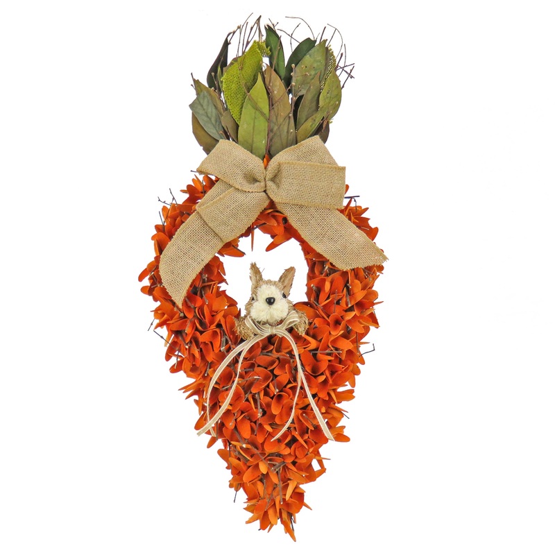 Artificial Hanging Carrot Decoration, Decorated with Orange Flower Blooms, Bunny, Leafy Greens, Includes Hanging Loop, Easter Collection, 24 Inches