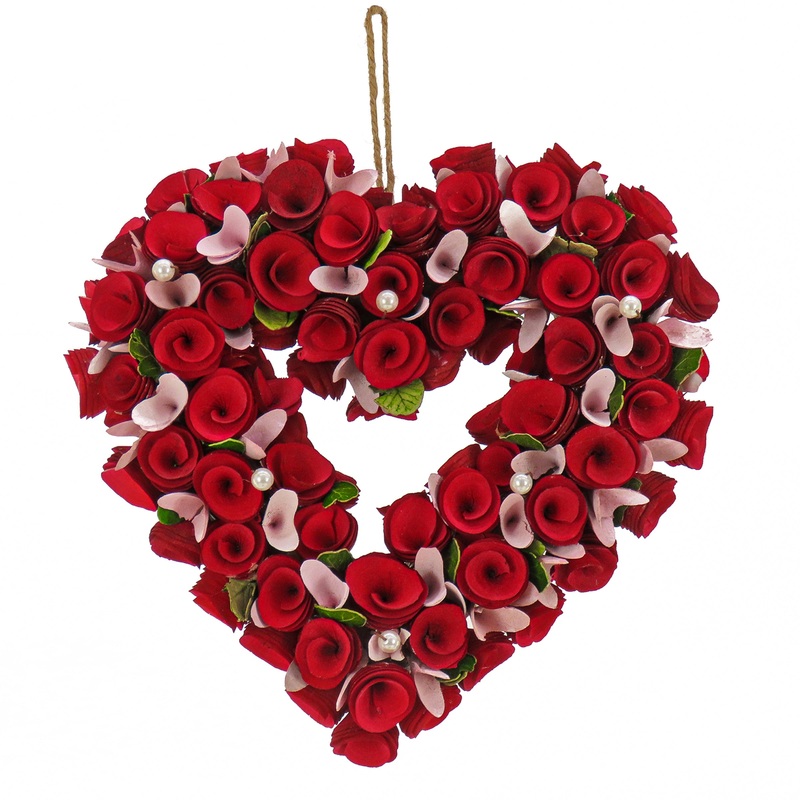 Artificial Valentine's Heart Wreath, Decorated with Red and Pink Roses, Valentine's Day Collection, 25 Inches