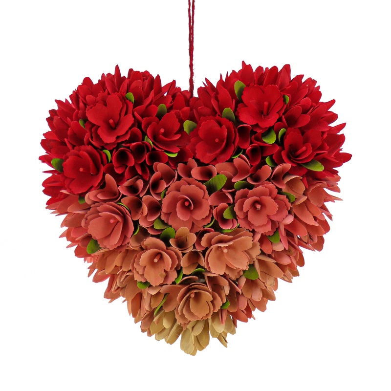 Valentine's Floral Red and Ombre Heart Wreath, Decorated with Flower Blooms, 16 Inches