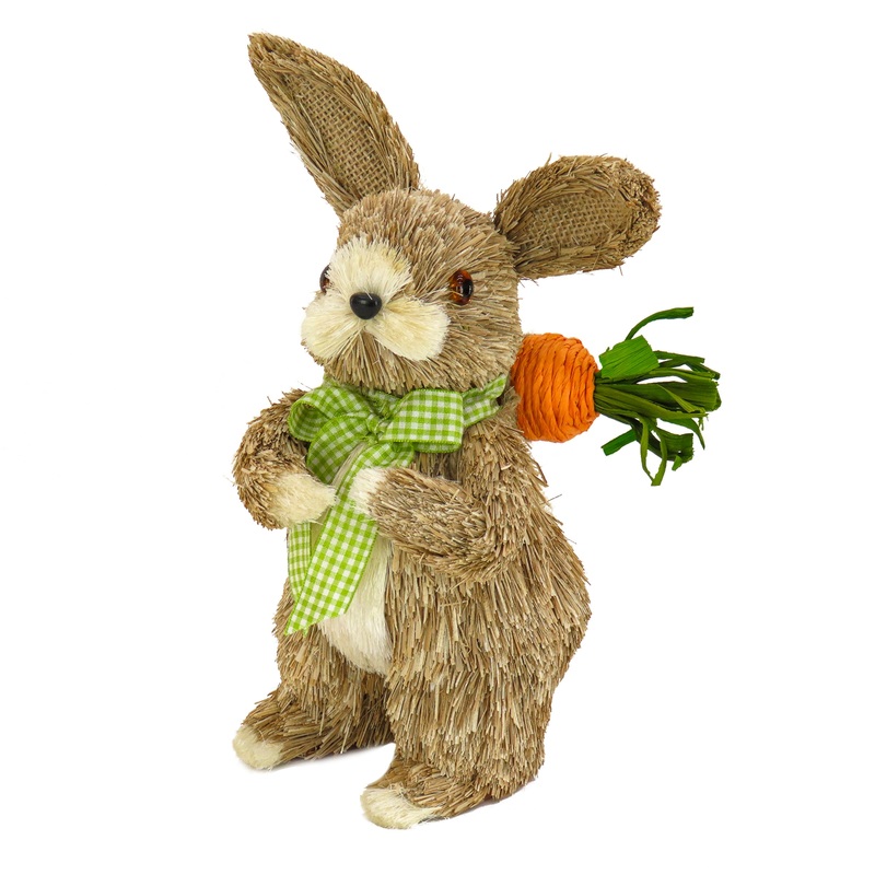 10 in. Easter Bunny with Carrot Table Decoration Decorated with Checkered Green Bow