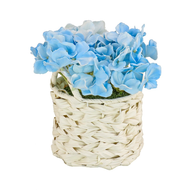 10 in. Spring Blue Hydrangea Bouquet in White Basket