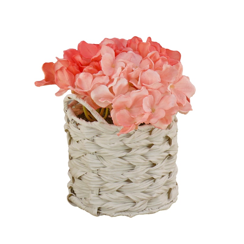 10 in. Spring Coral Hydrangea Bouquet in White Basket