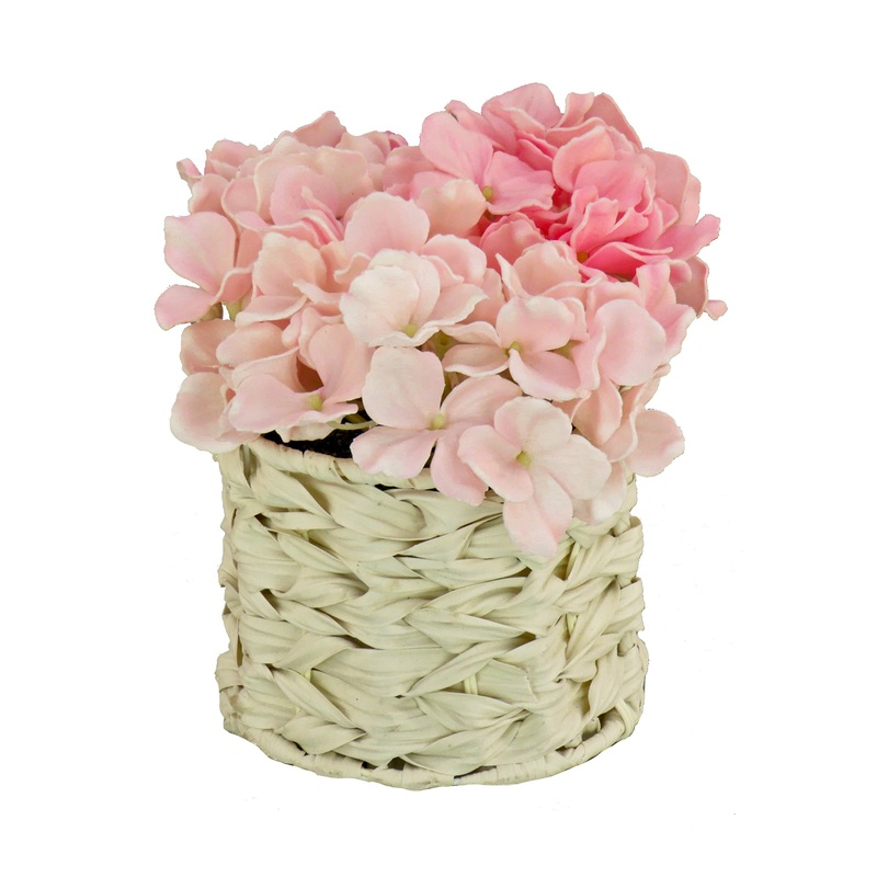 10 in. Spring Light Pink Hydrangea Bouquet in White Basket