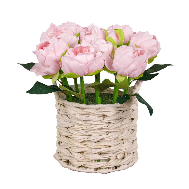 10 in. Spring Light Pink Peony Flower Bouquet in White Basket