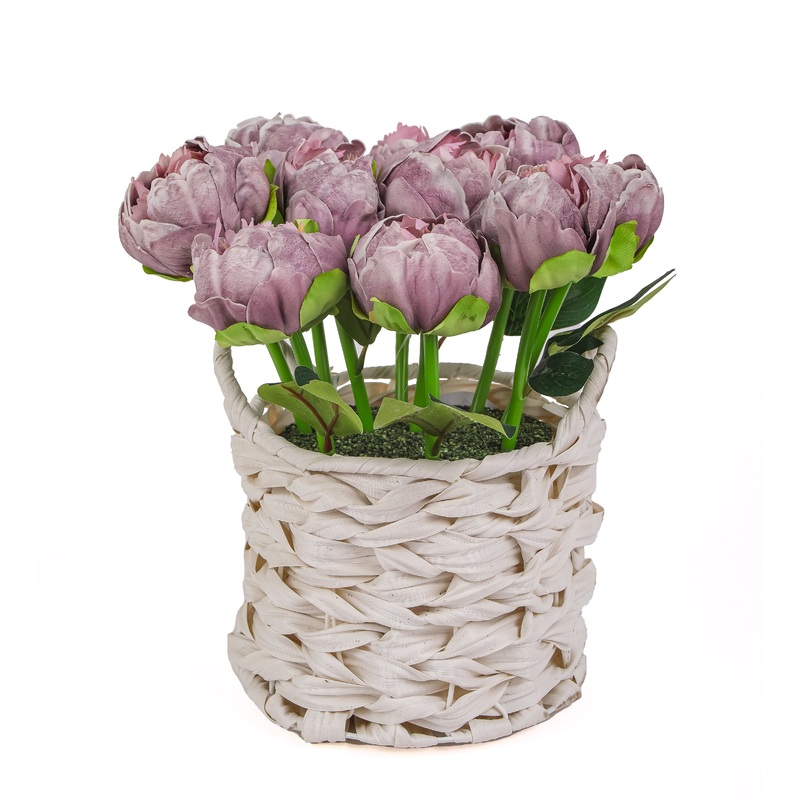 10 in. Spring Light Purple Peony Flower Bouquet in White Basket