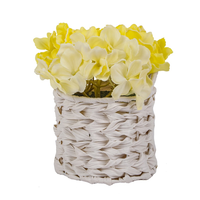 10 in. Spring Light Yellow Hydrangea Bouquet in White Basket
