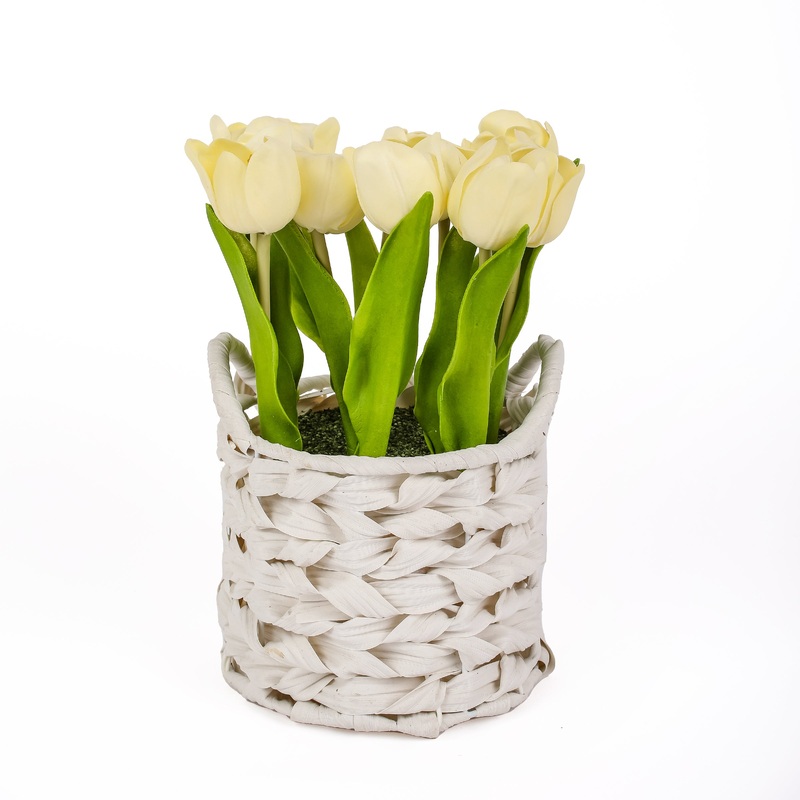 10 in. Spring Light Yellow Tulip Bouquet in White Basket