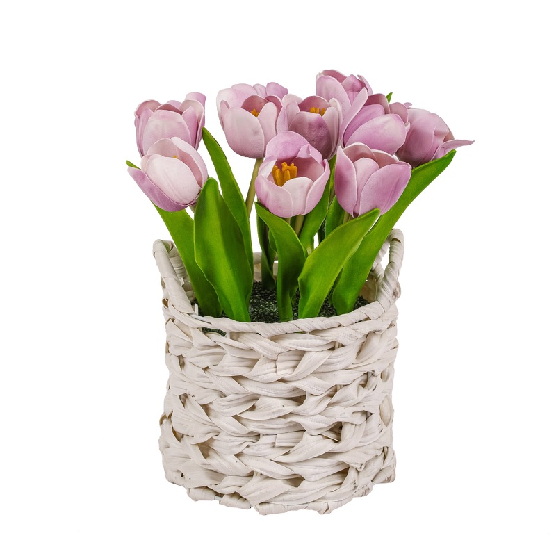 10 in. Spring Mauve Tulip Bouquet in White Basket