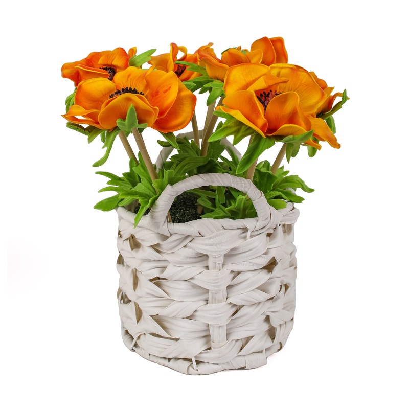 10 in. Spring Orange Anemone Flower Bouquet in White Basket
