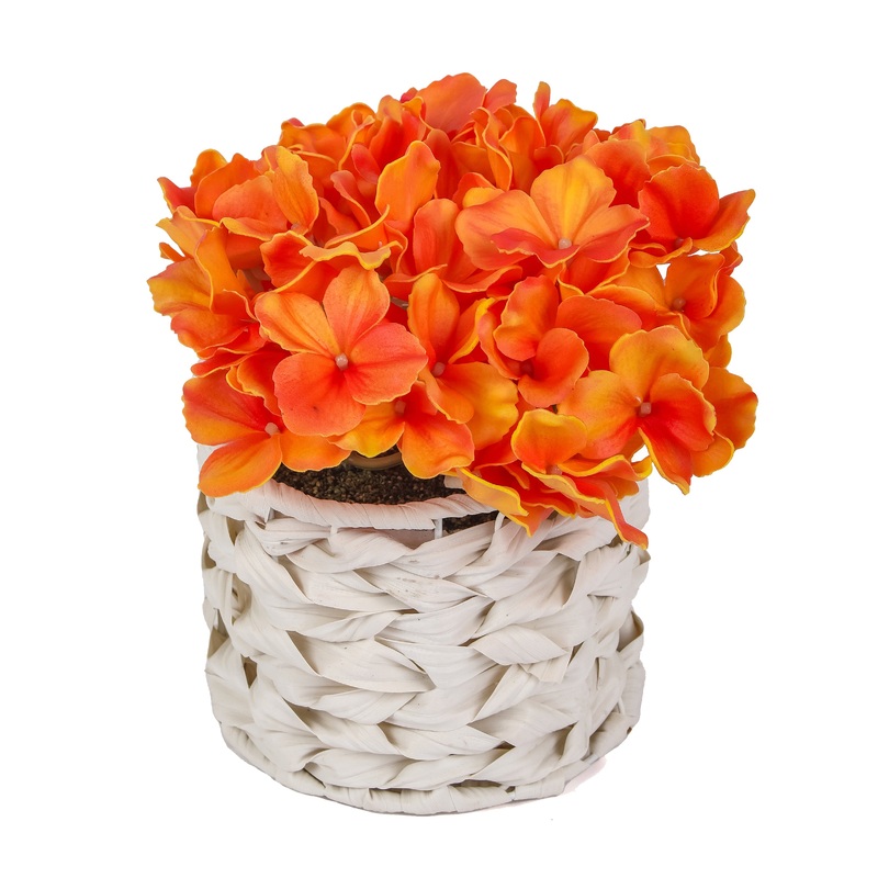 10 in. Spring Orange Hydrangea Bouquet in White Basket