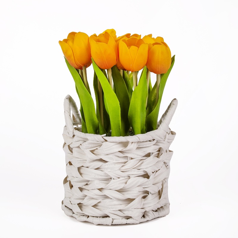 10 in. Spring Orange Tulip Bouquet in White Basket