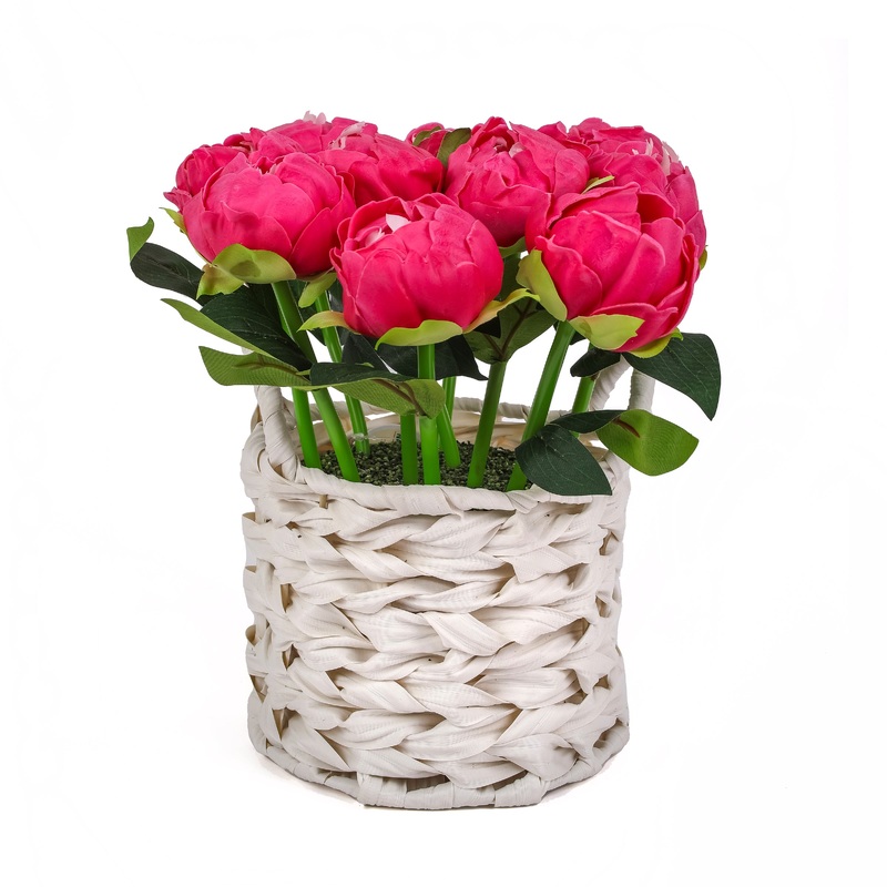 10 in. Spring Pink Peony Flower Bouquet in White Basket