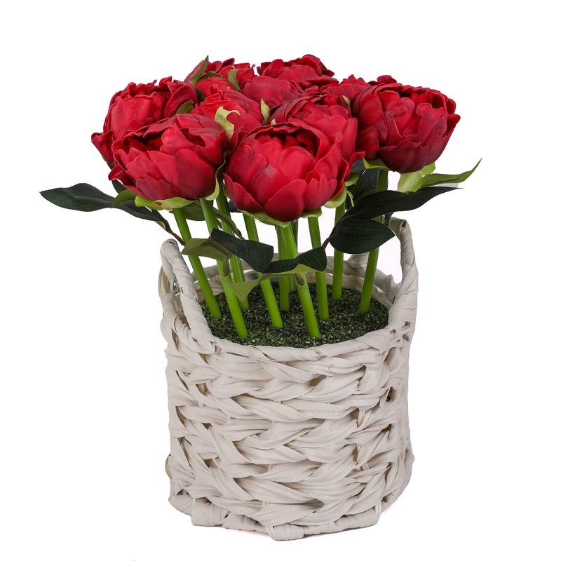 10 in. Spring Red Peony Flower Bouquet in White Basket