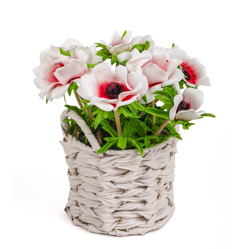 10 in. Spring White Anemone Flower Bouquet in White Basket