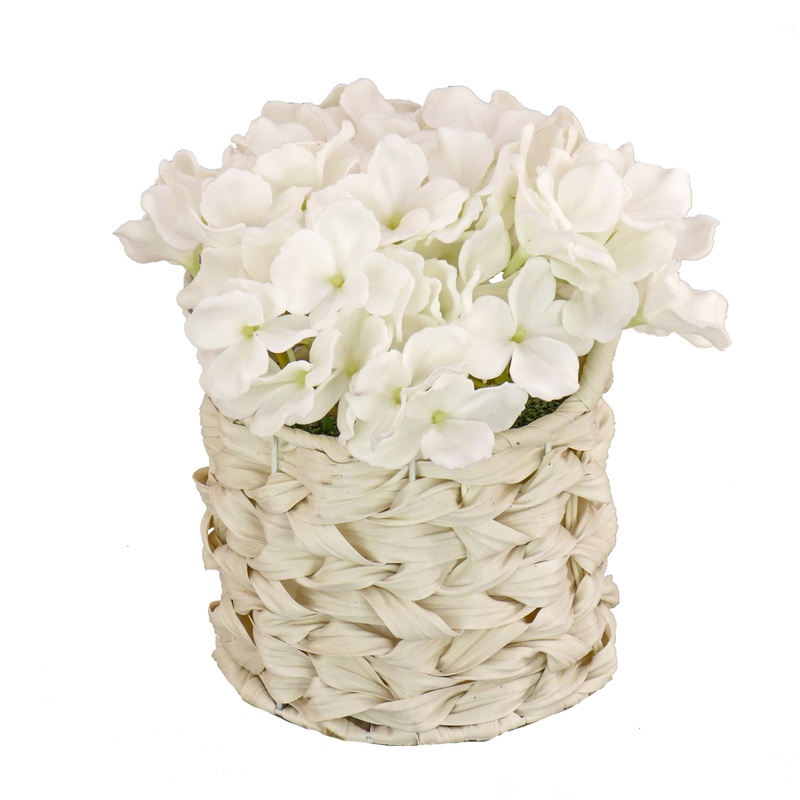 10 in. Spring White Hydrangea Bouquet in White Basket