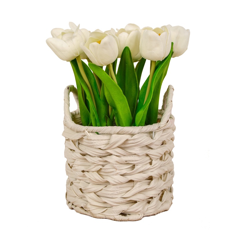 10 in. Spring White Tulip Bouquet in White Basket