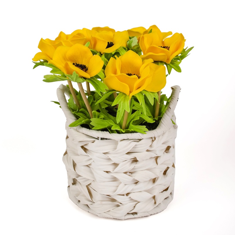 10 in. Spring Yellow Anemone Flower Bouquet in White Basket