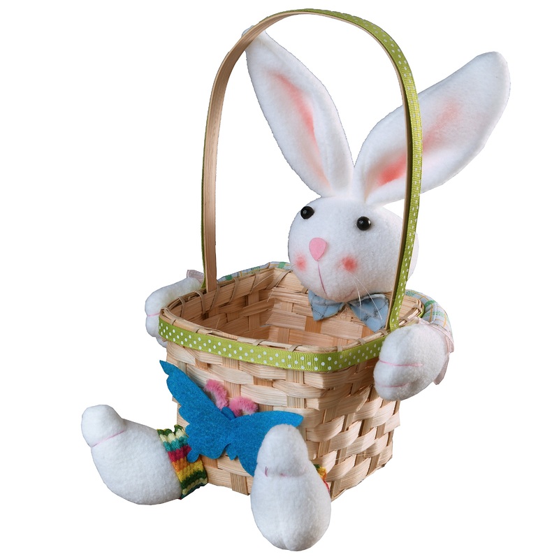 10 in. Woven Easter Green Basket with Plush White Bunny Doll
