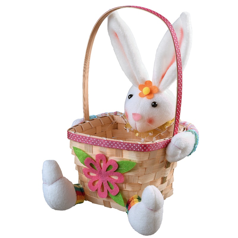 10 in. Woven Easter Pink Basket with Plush White Bunny Doll