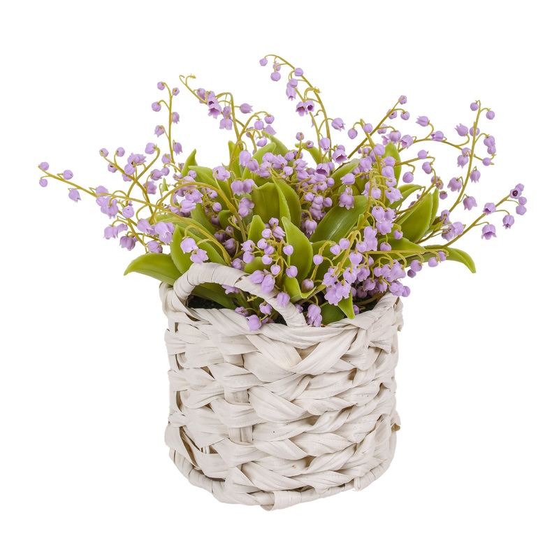 11 in. Spring Mauve Lily-of-the-Valley Flowers in White Basket