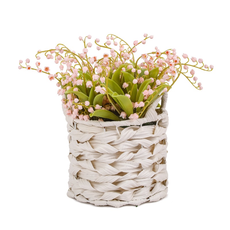 11 in. Spring Pink Lily-of-the-Valley Flowers in White Basket