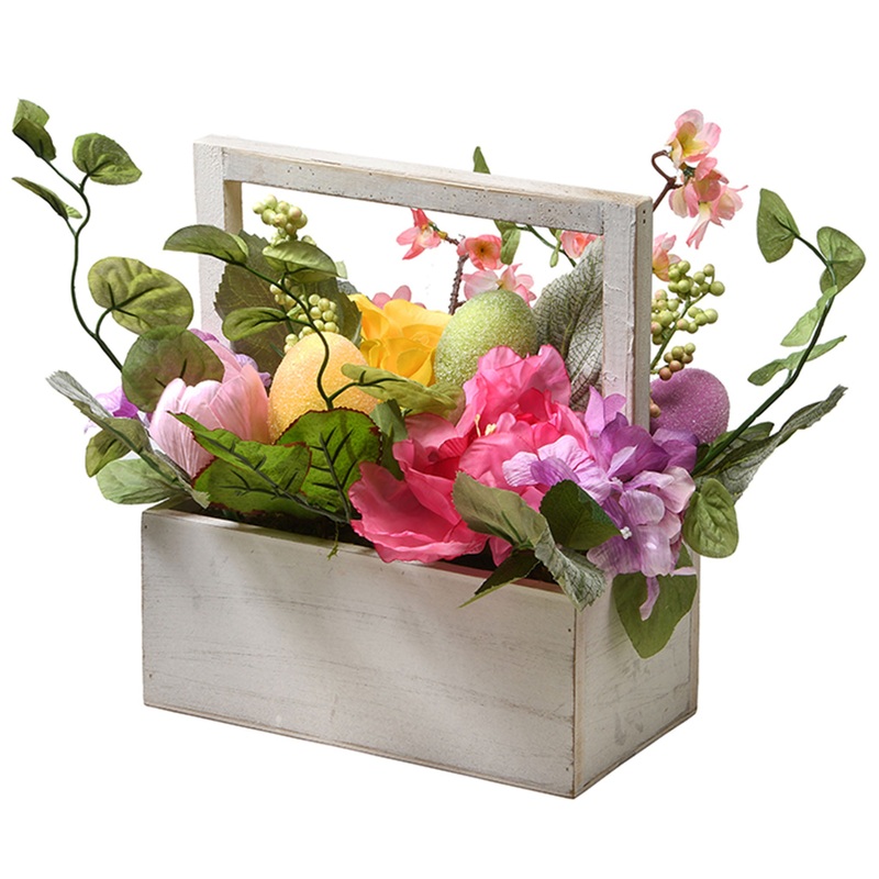 14 in. Easter Basket Decorated with Eggs and Flower Blooms