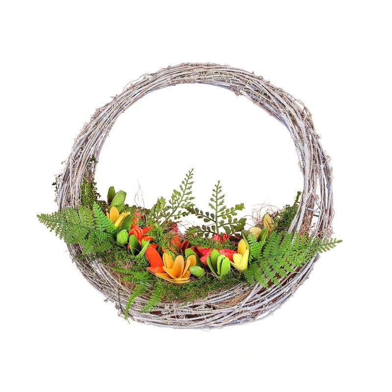 15 in. Spring Multi Floral Hammock Wreath with Multi Floral Colorful Wood Flowers and Mossy Greenery