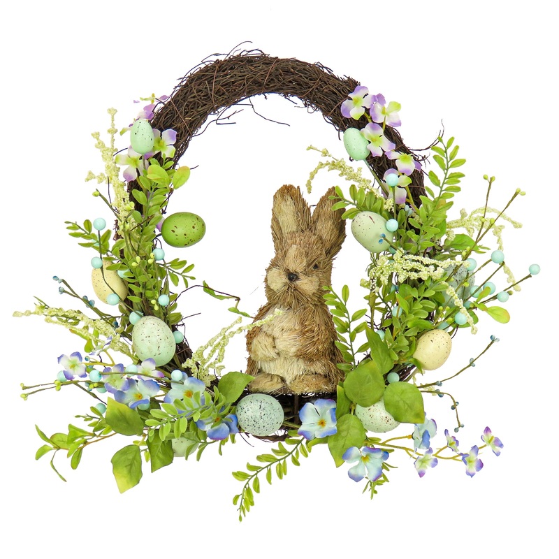 16 in. Easter Wreath Decorated with Wooden Bunny, Blue Flower Blooms, Pastel Eggs, Berries