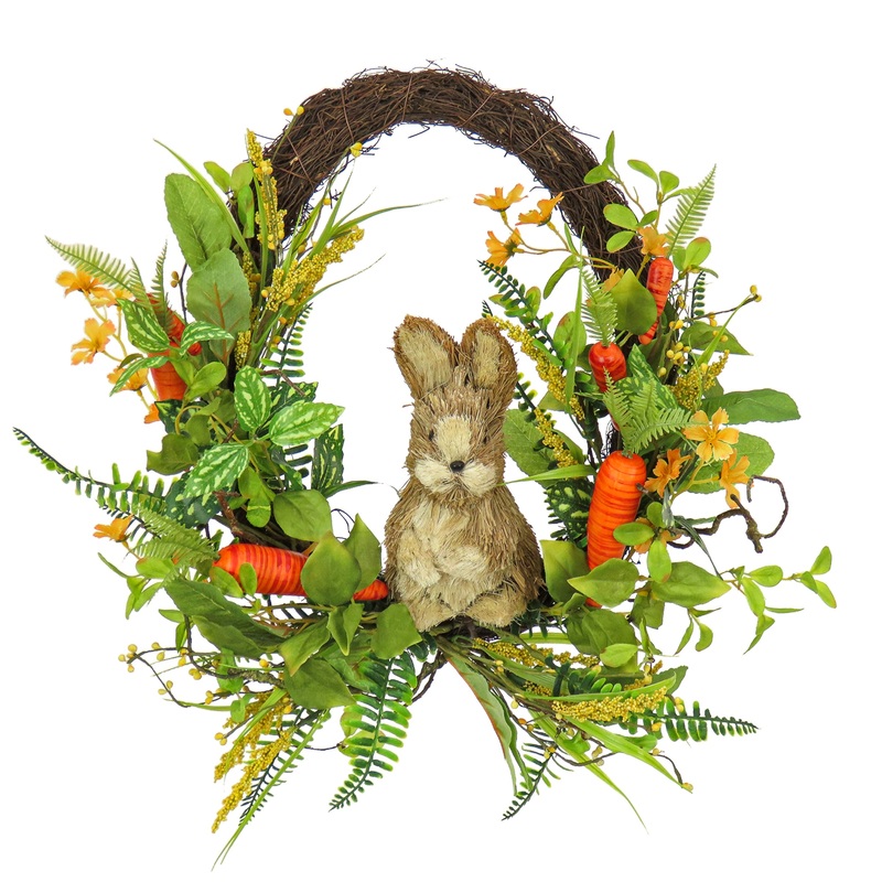 16 in. Easter Wreath Decorated with Wooden Bunny, Carrots, Leafy Greens, Berries