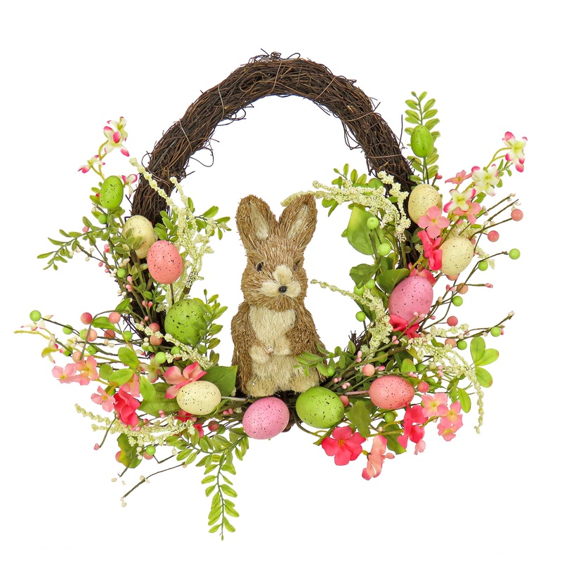 16 in. Easter Wreath Decorated with Wooden Bunny, Pink Flower Blooms, Pastel Eggs