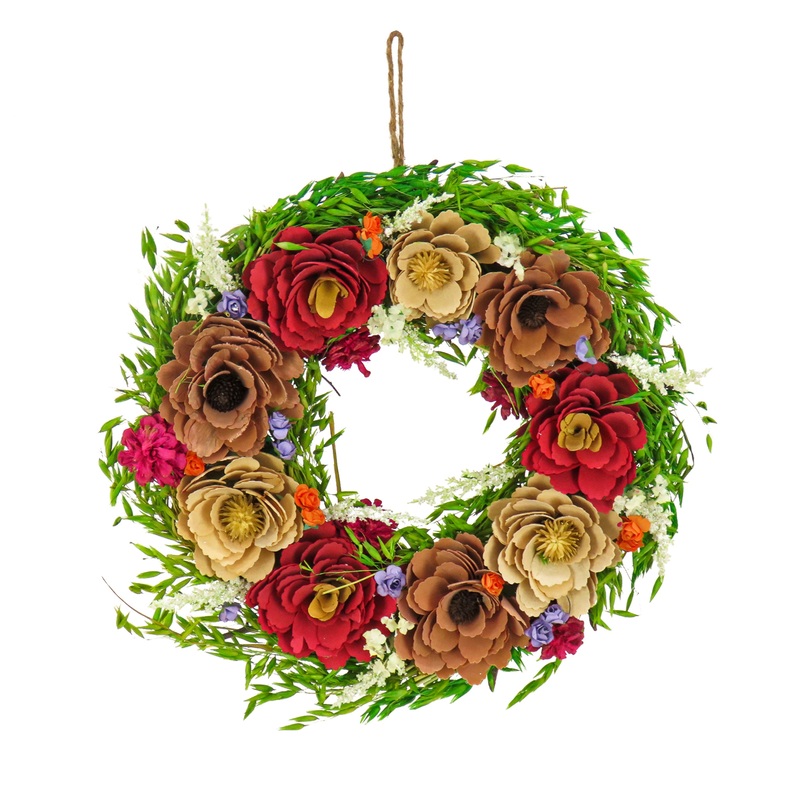 17 in. Spring Wreath with Assorted Spring Flower Blooms, Seed Pods, Flowing Green Stems